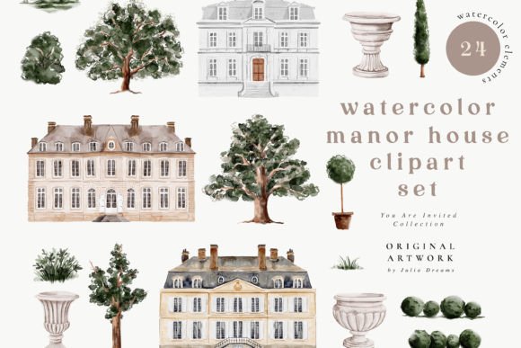 Download Watercolor Manor House Digital Clipart - Premium Bundle